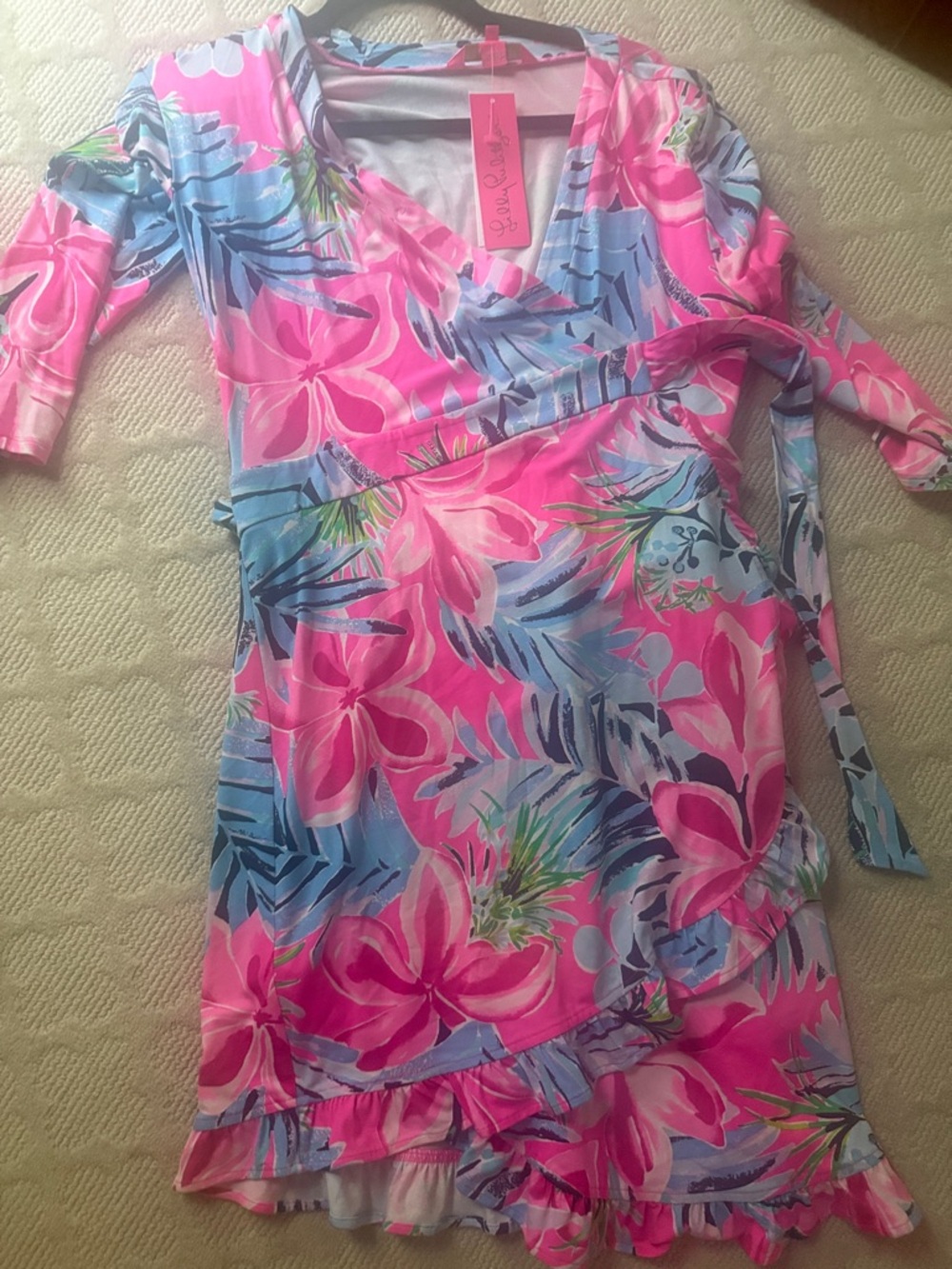 Lilly Pulitzer Bright Pink Floral Wrap Dress with shorts